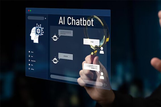 A hand interacting with a transparent digital screen showing an “AI Chatbot” interface, chat bubbles, and chatbot icons.