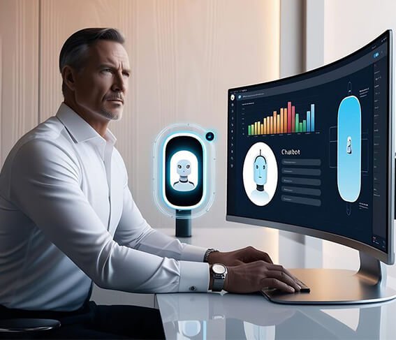 mah on computer with a chatbot on screen