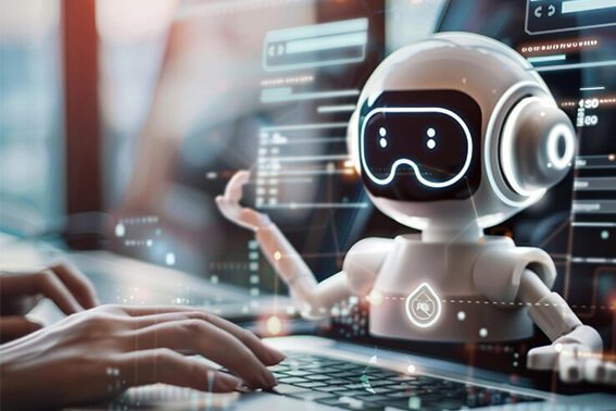 small robot helping person with laptop