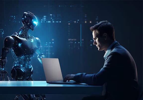 man on laptop with ai bot looking on