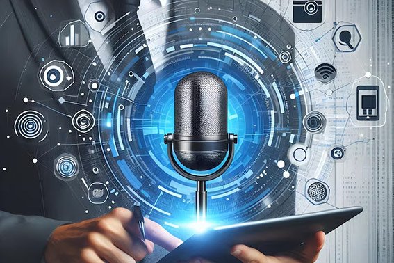 man standing with laptop and a voice bot microphone